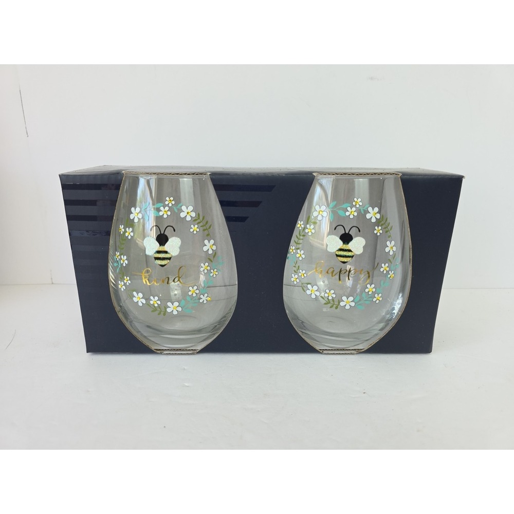 Rachel Roy Set of 2 glitter Bee 20 Oz Stemless Wine‎ Glasses Glass